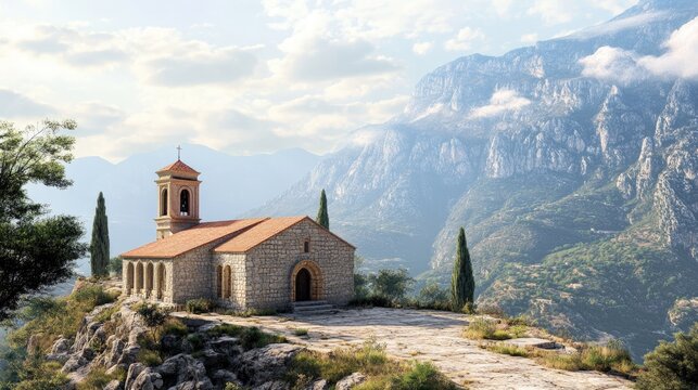 3D rendering of a small historical Maronite church on a mountainous backdrop