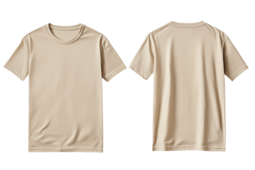Beige empty blank front and back side t-shirt mockup template close up detail against transparent PNG background.