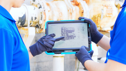 Workers inspecting factory piping while looking at an electronic manual on a tablet