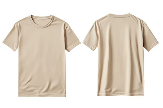 Beige empty blank front and back side t-shirt mockup template close up detail against transparent PNG background.