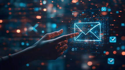 new email notification concept for business e-mail communication and digital marketing. inbox receive electronic message alert. business people's hand touch on email in virtual screen, internet techno