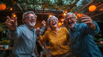 Obraz premium Three older people are smiling and laughing while posing for a photo