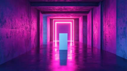 3D rendering of an empty dark abstract concrete room interior featuring a white sculpture showcasing an architectural background with illuminated elements