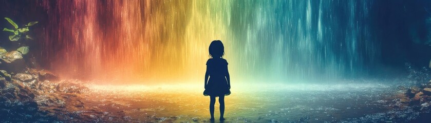 Fototapeta premium A silhouette of a child stands in awe before a vibrant, colorful waterfall, symbolizing wonder and exploration of nature's beauty.