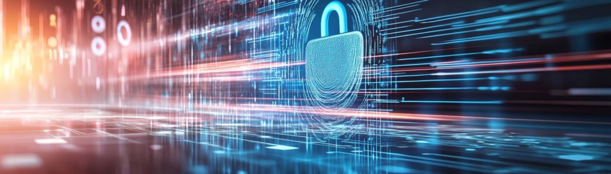 A digital fingerprint scan being authenticated, with a secure padlock symbol and binary code subtly integrated