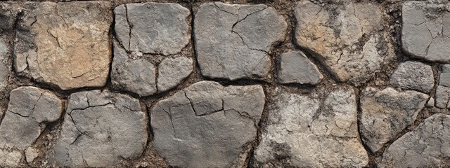 Fototapeta premium 3D rendering of a cracked section of a stone and cobblestone wall showcasing close up details of aged or poorly constructed materials