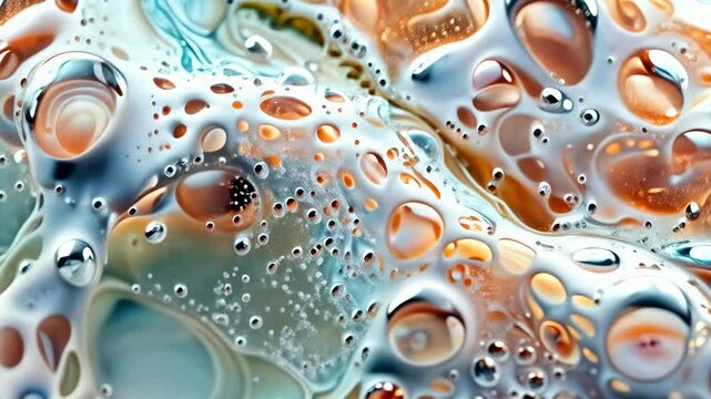 Close-up of abstract creamy white and orange bubbles in a smooth flowing liquid environment creating a modern, organic, and futuristic texture