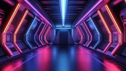 3D rendering of a futuristic Sci Fi interior featuring neon beams and light stripes in a dimly lit space