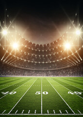 IIuminated American Football Stadium at night with empty field. An imaginary American Football Stadium is modelled and rendered.