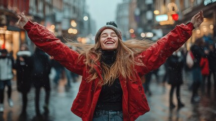 Fototapeta premium Influencer dancing in the middle of a busy street Capture the joy and spontaneity of city life. and share real moments with followers.