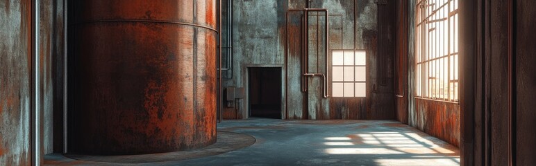 Obraz premium 3D rendering of an industrial interior featuring a storage tank in rusty colors
