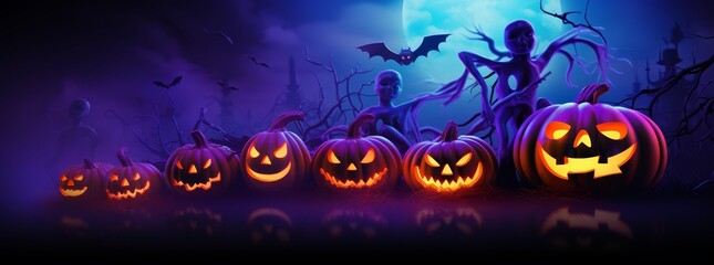 Fototapeta premium Halloween wallpaper. Purple themed haunted and spooky Halloween landscape.