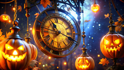 Fototapeta premium Halloween Clock With Jack-O-Lantern Lights