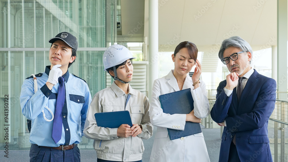 Poster 悩む様々な職業の人々（ビジネスマン・エンジニア・研究者・警備員）
