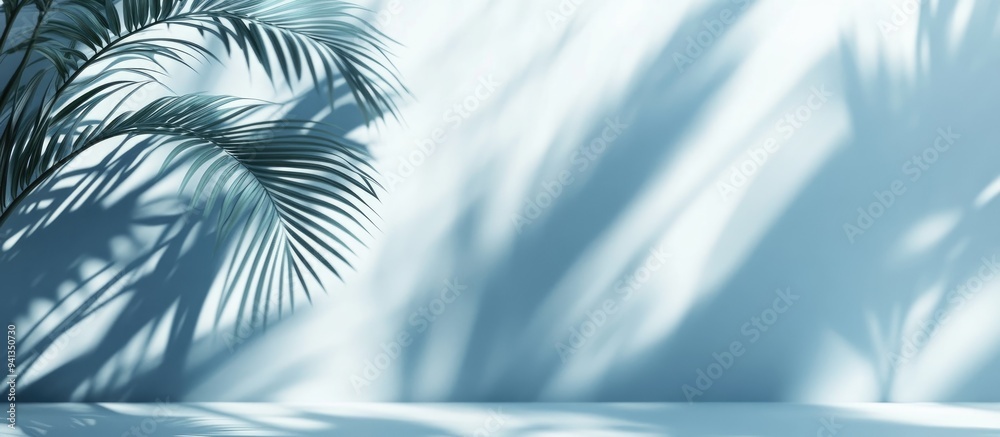 Poster 3D rendering of blurred shadows from palm leaves on a light blue wall creating a minimal abstract background suitable for product presentation