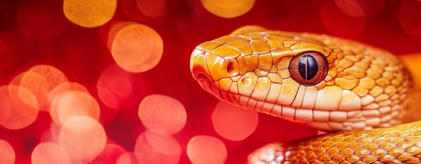 Fototapeta premium Close-up of a golden snake with intricate scales against a vibrant red background, with bokeh effects that enhance its appearance.