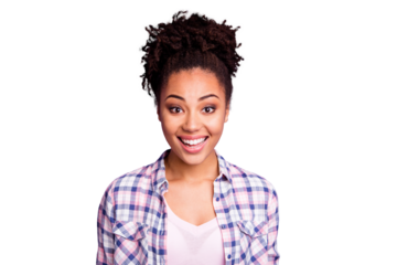 Close-up portrait of her she nice-looking sweet charming cute attractive winsome lovely cheerful cheery wavy-haired girl wearing checked shirt isolated over violet purple pastel background