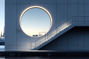 Obraz premium Modern Concrete Building with Circular Window and Stairs