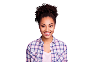 Close-up portrait of her she nice-looking charming cute attractive shine winsome lovely lovable cheerful cheery wavy-haired girl wearing checked shirt isolated over violet purple pastel background