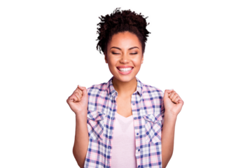 Close-up portrait of nice charming cute attractive lovely lovable cheerful cheery optimistic wavy-haired girl in checked shirt holding fists closed eyes isolated over violet purple pastel background