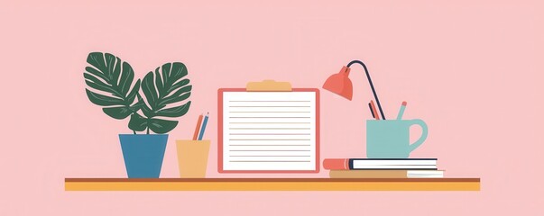 A stylish desk setup featuring a plant, lamp, notepad, cup, and books on a pink background for an inviting workspace.