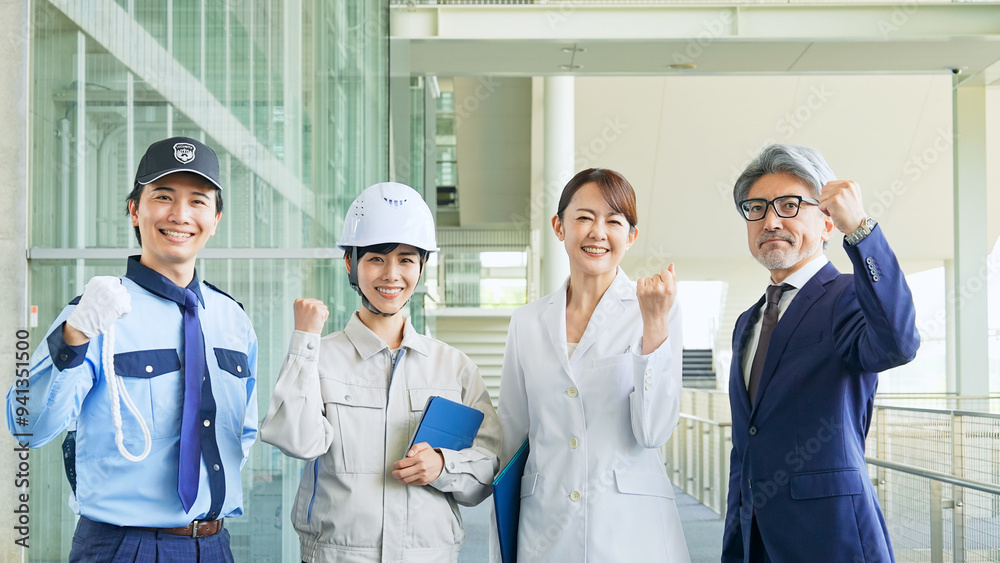 Poster ガッツポーズする様々な職業の人々（ビジネスマン・エンジニア・研究者・警備員）
