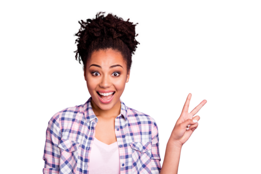 Close-up portrait of her she nice charming cute attractive winsome lovely cheerful cheery wavy-haired girl in checked shirt showing v-sign good mood isolated over violet purple pastel background