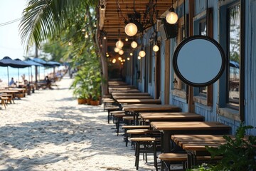 Obraz premium Beachfront Restaurant with Wooden Tables and Chairs