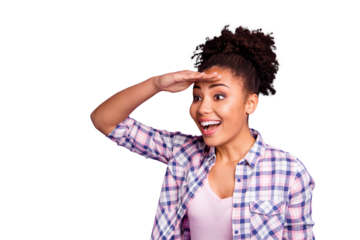 Close-up portrait of her she nice charming cute attractive lovely winsome shine cheerful cheery wavy-haired girl in checked shirt looking far see isolated over violet purple pastel background