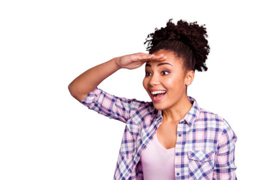 Close-up portrait of her she nice charming cute attractive lovely winsome shine cheerful cheery wavy-haired girl in checked shirt looking far see isolated over violet purple pastel background