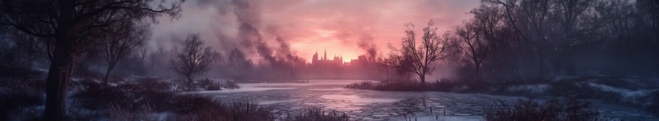 Obraz premium A golden castle bathed in golden sunshine amidst a snowy landscape, the perfect canvas for Christmas and New Year's 2018 travel posters.