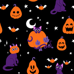 Cute black cat hiding behind a Halloween pumpkin and leaves, black cat with pumpkin on head, cat standing playing with flying pumpkins. Flat cartoon vector seamless pattern for halloween.