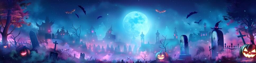 Fototapeta premium Dark, haunted Halloween forest landscape with bats in the sky at full moon at night. Spooky Halloween wallpaper background illustration. 