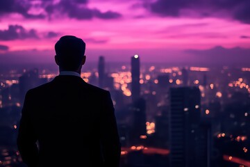 Fototapeta premium A businessman gazes at a vibrant cityscape under a stunning purple sky, symbolizing ambition and success.