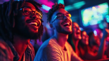 Obraz premium Middle-aged friends celebrating a victory in a multiplayer game, their faces bright with joy and camaraderie.