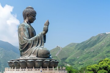 Fototapeta premium A large statue of a person seated in the classic yoga pose, surrounded by calm atmosphere