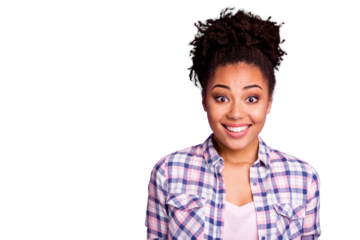 Close-up portrait of her she nice charming cute attractive lovely winsome cheerful cheery optimistic wavy-haired girl in checked shirt isolated over violet purple pastel background