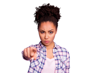 Close-up portrait of her she nice charming cute attractive lovely decisive gloomy pessimistic wavy-haired girl in checked shirt pointing at you isolated over violet purple pastel background