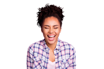 Close-up portrait of her she nice charming cute shine attractive lovely cheerful cheery wavy-haired girl in checked shirt 1 April joke prank isolated over violet purple pastel background