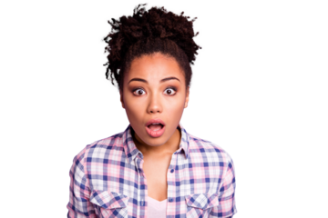 Close-up portrait of her she nice charming cute attractive lovely stunned preoccupied wavy-haired girl in checked shirt showing panic isolated over violet purple pastel background