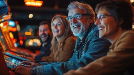 Obraz premium Middle-aged friends having fun playing classic arcade games. Presenting nostalgia and friendship