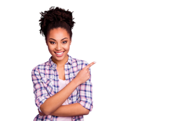 Portrait of her she nice charming cute attractive lovely cheerful wavy-haired girl in checked shirt showing aside ad advert product copy space isolated over violet purple pastel background