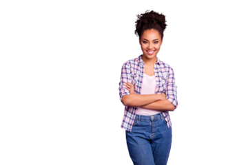 Portrait of her she nice-looking charming cute lovable pretty winsome attractive lovely cheerful cheery wavy-haired girl in checked shirt isolated over violet purple pastel background