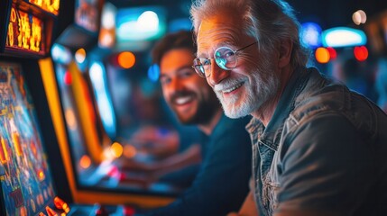 Middle-aged friends having fun playing classic arcade games. Presenting nostalgia and friendship