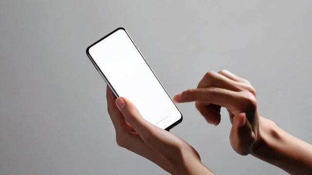 POV hand holding smartphone with blank white screen, isolated on light minimalist background
