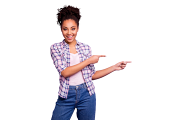 Portrait of satisfied candid person enjoy top-knot give advice decision choice look ads sales discount positive excited recommend wear beautiful checked shirts jeans isolated on purple background
