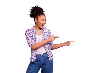 Portrait of nice charming cute pretty attractive lovely cheerful positive wavy-haired girl in checked shirt pointing two forefingers aside ad advert isolated on violet purple pastel background
