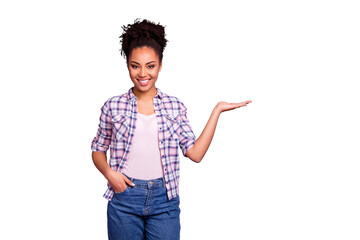 Portrait positive cheerful excited lady top knot display give decision choice advise recommend...
