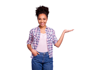 Portrait positive cheerful excited lady top knot display give decision choice advise recommend select suggest pick attention trendy stylish beautiful checkered shirt jeans isolated purple background