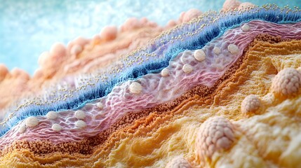 Detailed view of a microscopic biological structure, showcasing layers and textures in various vibrant colors, highlighting cellular complexity.
